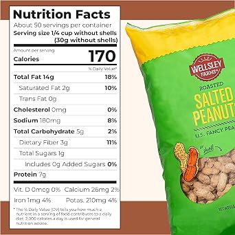 Wellsley Farms Salted Roasted Peanuts In Shell, USA Grown Whole, Non-GMO, Gluten-Free, Vegan, Cholesterol-Free, Shell-Cracking Snack for Game Day, BBQ & Travel, 5 lb Bag