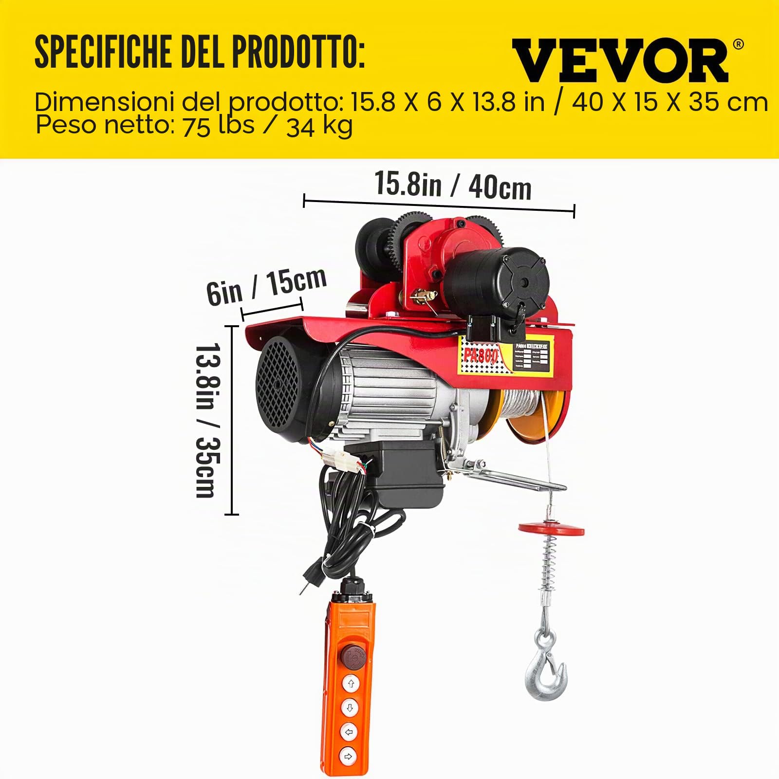 VEVOR Paranco Elettrico 800 kg Sollevatore Elettrico con Carrello Elettrico 220V