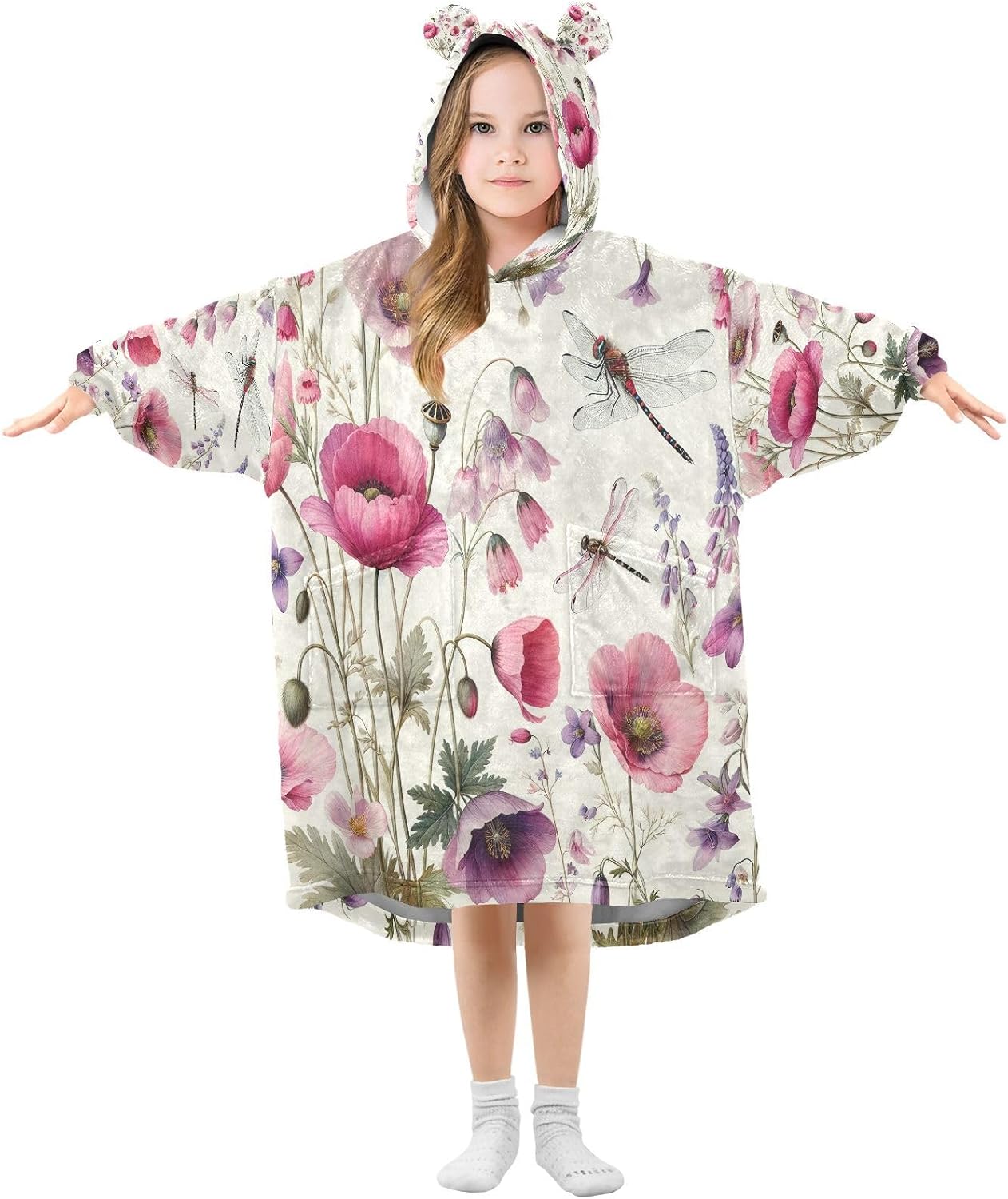 Kigai Watercolor Flower Wearable Blanket Hoodie for Kids Oversized Hooded Blanket Warm & Cozy Sweatshirt with Pockets