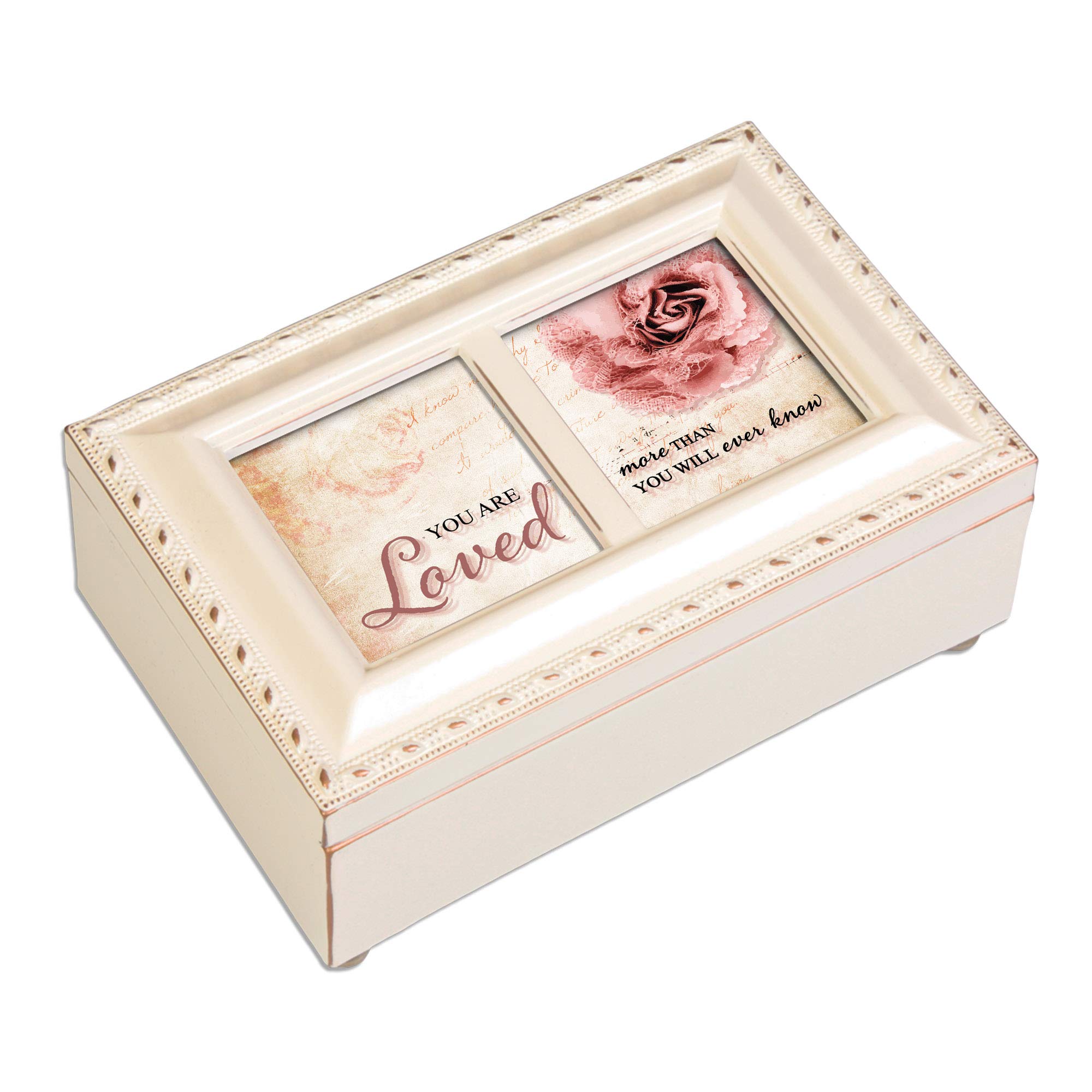 Cottage Garden You are Loved Ivory Rope Trim Petite Music Box Plays Tune Jesus Loves Me