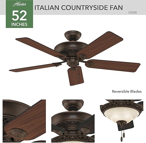 Miniatura 6 de Ventilador de techo con luz Hunter 53200, de 52 pulgadas, al estilo de campo italiano, color cacao