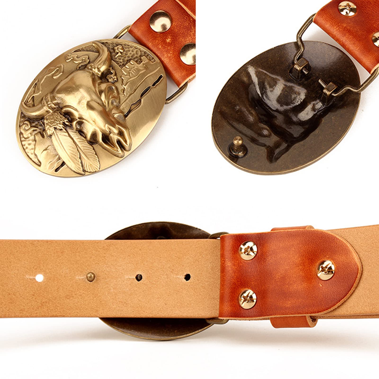 Cintura Western Unisex in Vera Pelle, Cinture in Rilievo 38mm, Cinture Country per Cowgirl Cowboy con Fibbia Vintage Testa di Toro Oro per Pantaloni Jeans