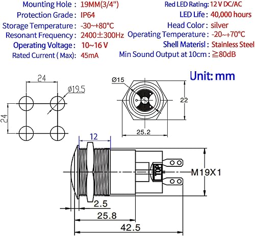 Miniatura 2 de Zumbador LED rojo 12 V 0.748 in alarma indicador luz lámpara de acero inoxidable señal de metal piloto 0.75 "agujero de montaje con 85dB sonido