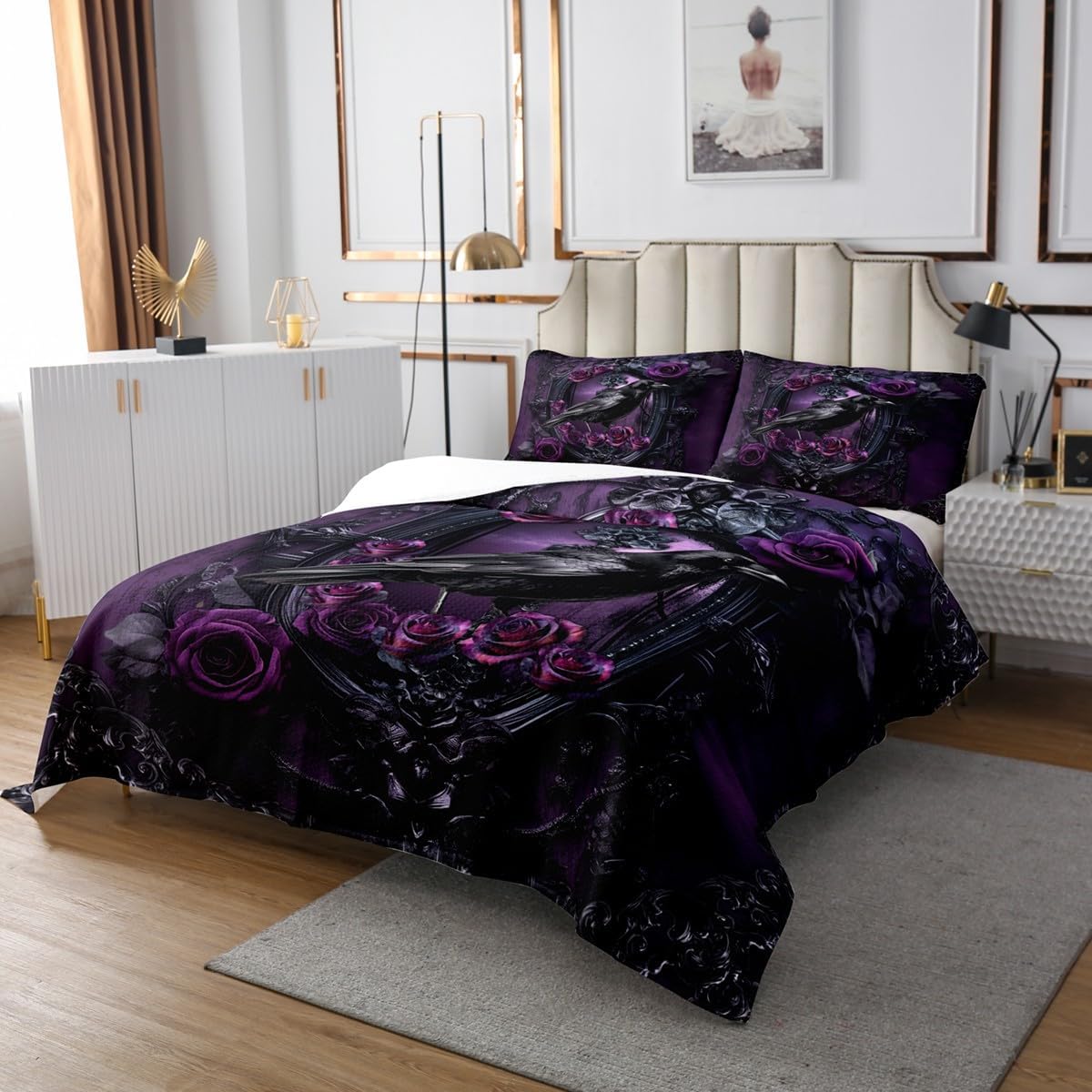 Gothic Crow Bedspread King Size,Purple Rose Flower Bedding Quilt 3Pcs Woman Men Adults Room Decor,Vintage European Floral Coverlet Sets Black Purple Comforter Sets,2 Pillowcases