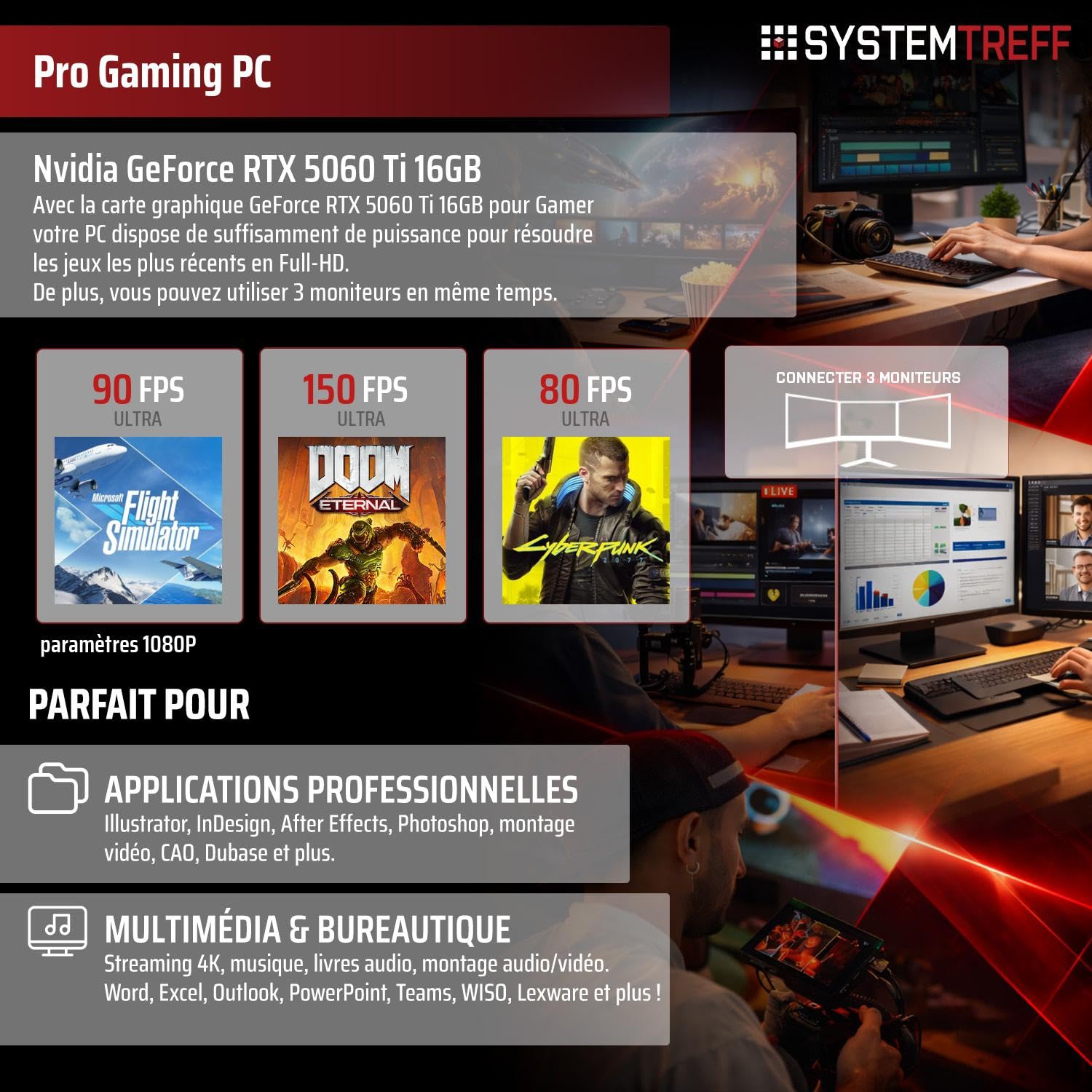 SYSTEMTREFF PC Gamer - AMD Ryzen 5 7500F - RTX 5060 Ti 16Go