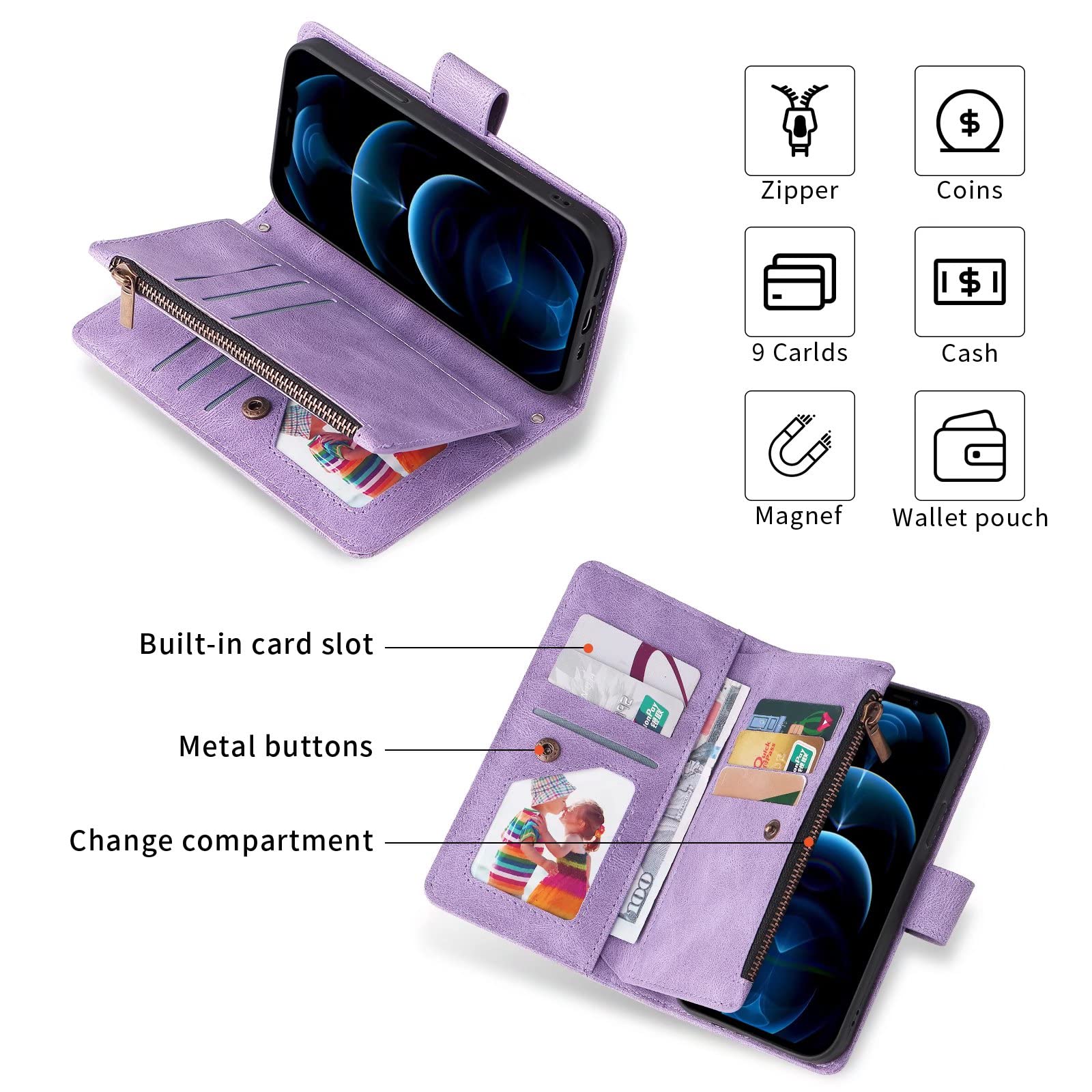 ESONG Cover per OPPO Find x5 pro,Custodia a Portafoglio in Pelle PU,Flip Antiurto protezione Case con cordino/Funzione di appoggio/9 Slot per Schede/ Magnetica/Cerniera Tasca -viola