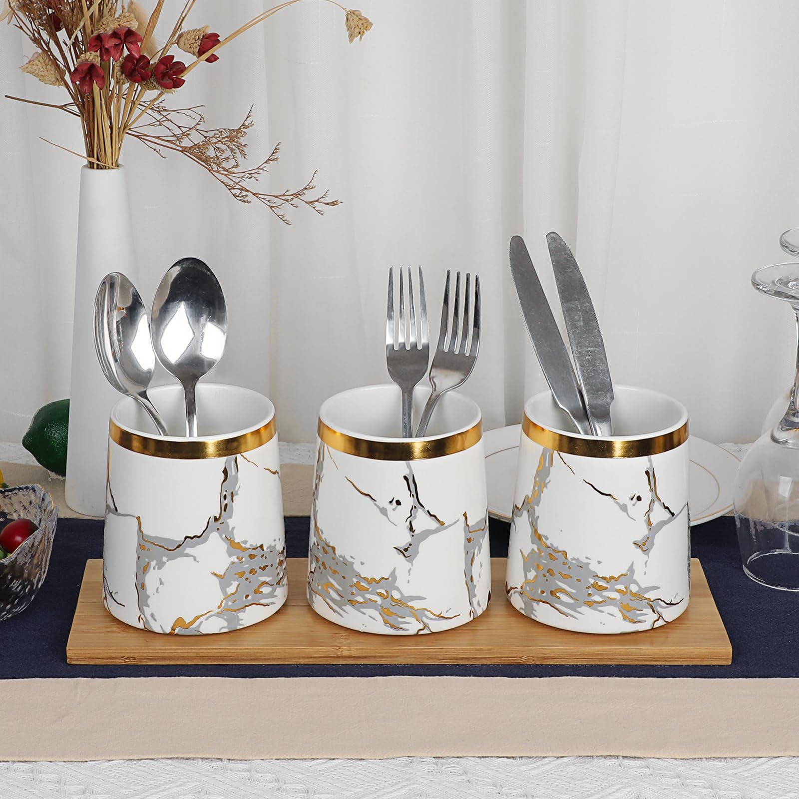 BTSKY Recipiente de cerámica blanca con tapa de madera y bandeja, 3 recipientes herméticos de almacenamiento de alimentos para café, té, azúcar, tarros de almacenamiento con tapa de madera y mango de