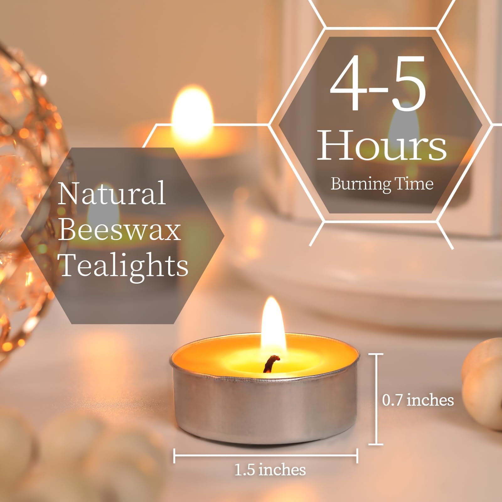 Paquete de 50 velas de cera de abeja, velas de cera de abeja pura, velas de té | Velas de té orgánicas naturales sin perfume, sin humo, combustión limpia con 4 horas de tiempo de combustión