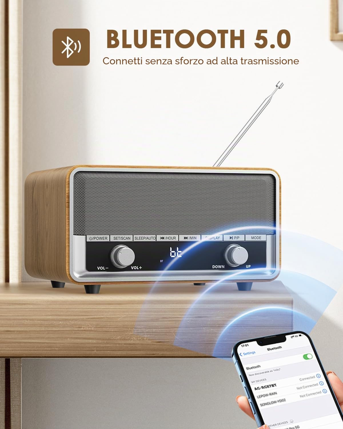 Radio AM FM retrò con spina digitale da parete per camera da letto con display LCD, 40 preset, timer di spegnimento, altoparlante Bluetooth retrò per ufficio, ottimo regalo in legno