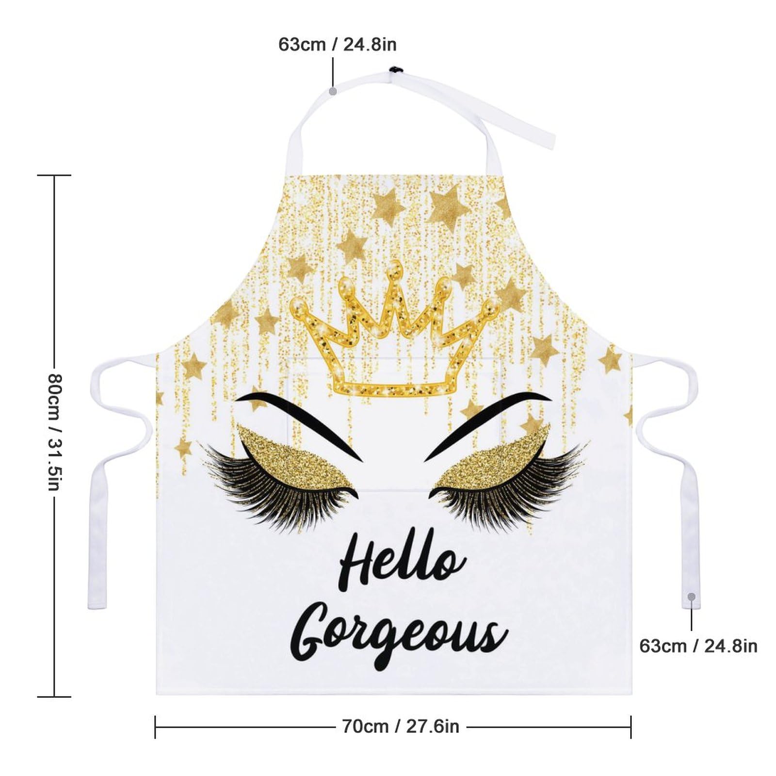 Kazynee Hello Gorgeous Gold Floral Chef Apron with Pockets Eyelash Women Luxury Eyelash Queen Crown Print for Men Women 32L x 28W Inch