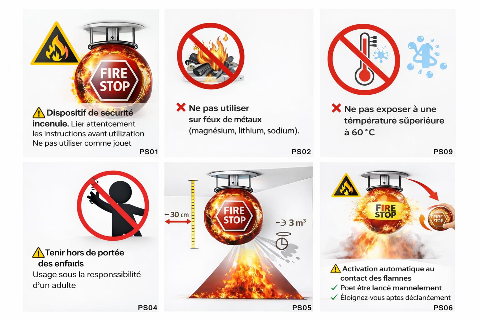Fire Stop Bola Extintora Automática, 2 kg, Clases A, B y C, Diámetro 16,5 cm, Cobertura 5 m³, Activación en 3-5 Segundos