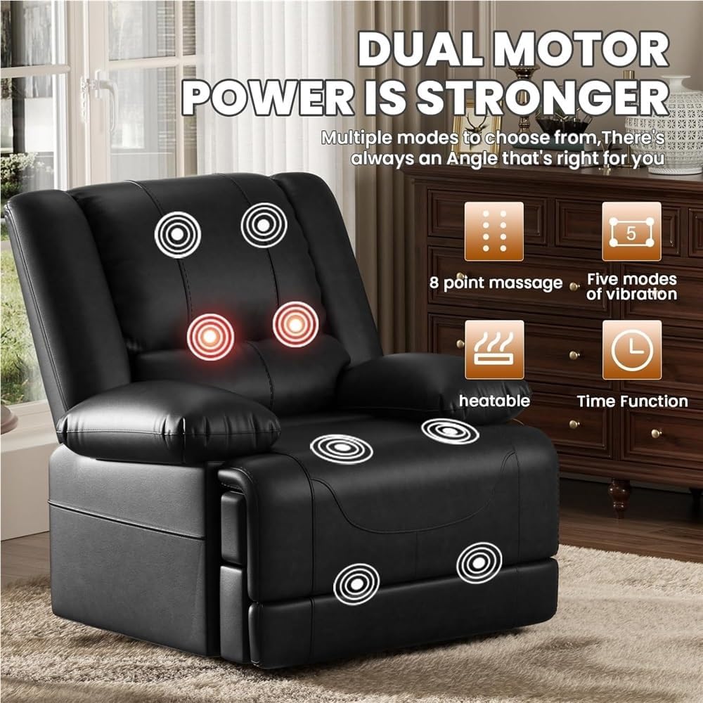 Large Dual Motor Power Lift Recliner Chair with Massage and Heat Infinite Position Adjustable Elderly Reclining Sofa with USB Ports Remote Control Breathable Leather Upholstered Comfortable