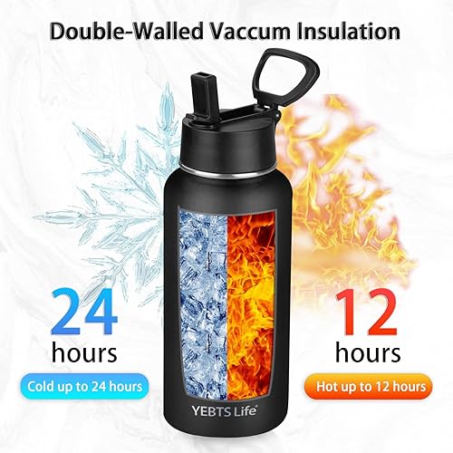 Miniatura 2 de Botella de agua aislada con popote, botella de agua deportiva de acero inoxidable aislada al vacío de 32 onzas, mantiene el frío y el calor, botella