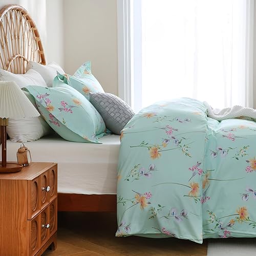 Miniatura 7 de JSD Juego de funda de edredón con estampado floral verde, tamaño King, funda de edredón botánica de microfibra de 3 piezas con lazos en las