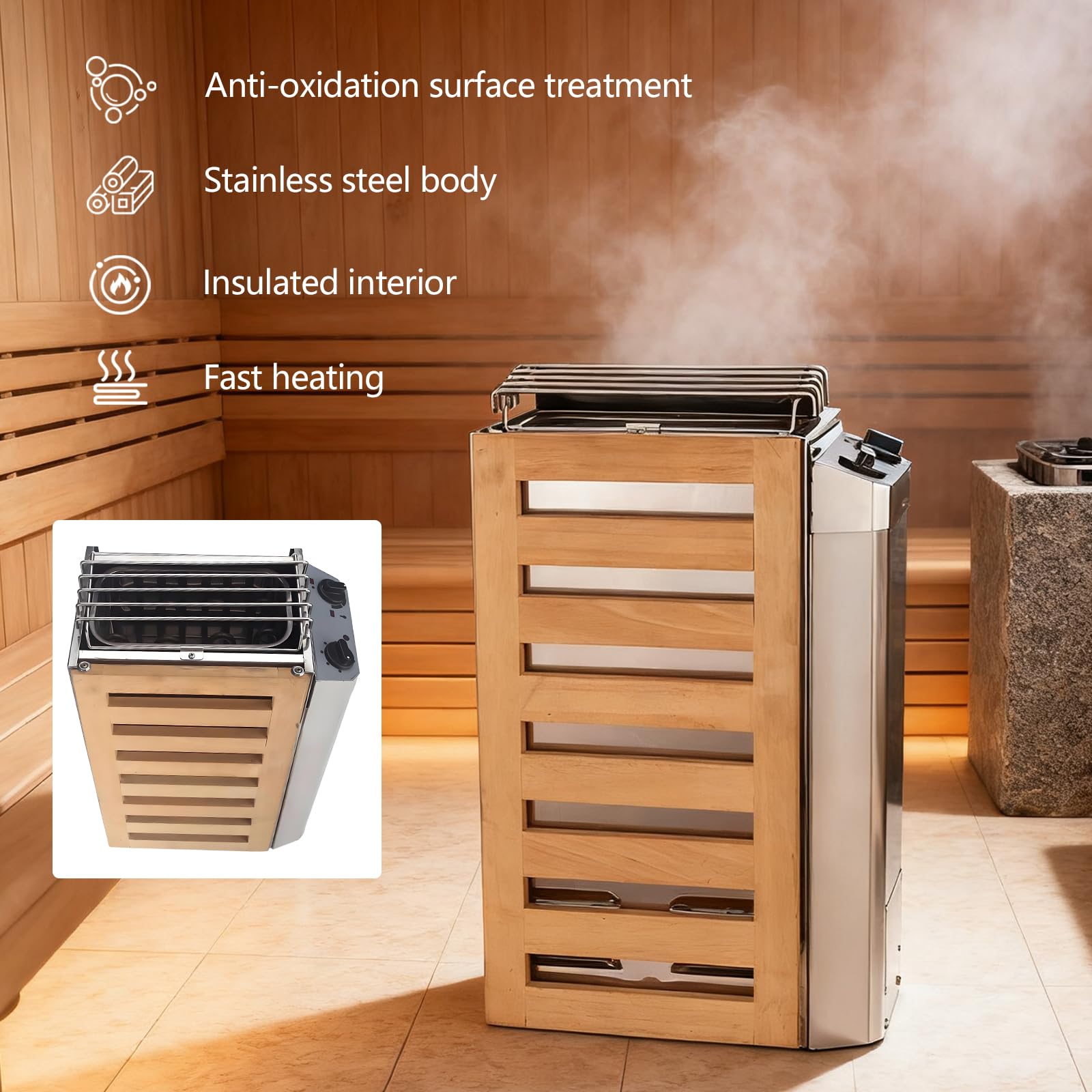 Calentador Sauna Eléctrico 3,6 Kw Acero Inoxidable Controlador Digital Temporizador 3 Horas Pared