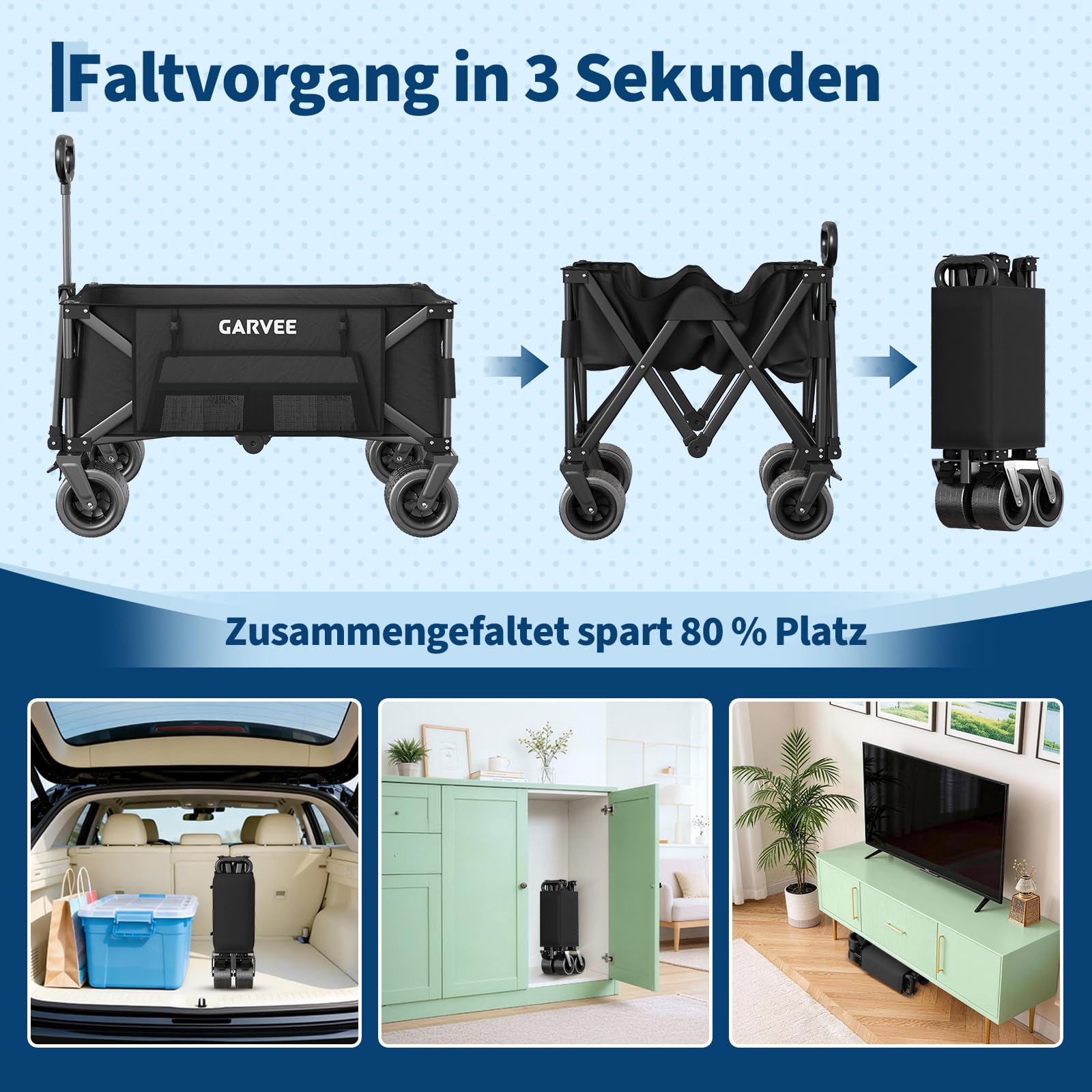 GarveeLife XXL Bollerwagen Faltbar, 200kg Belastbar & 200L Volumen, Handwagen mit Bremsen & 20cm Offroad-Rädern, Klappbarer Transportwagen mit Seitentaschen für Strand, Camping & Garten, Schwarz