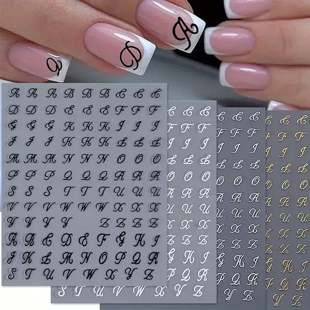 BelleVive Retro 3D Nail Stickers with English Letters - 4 Sheets for Custom DIY Manicure