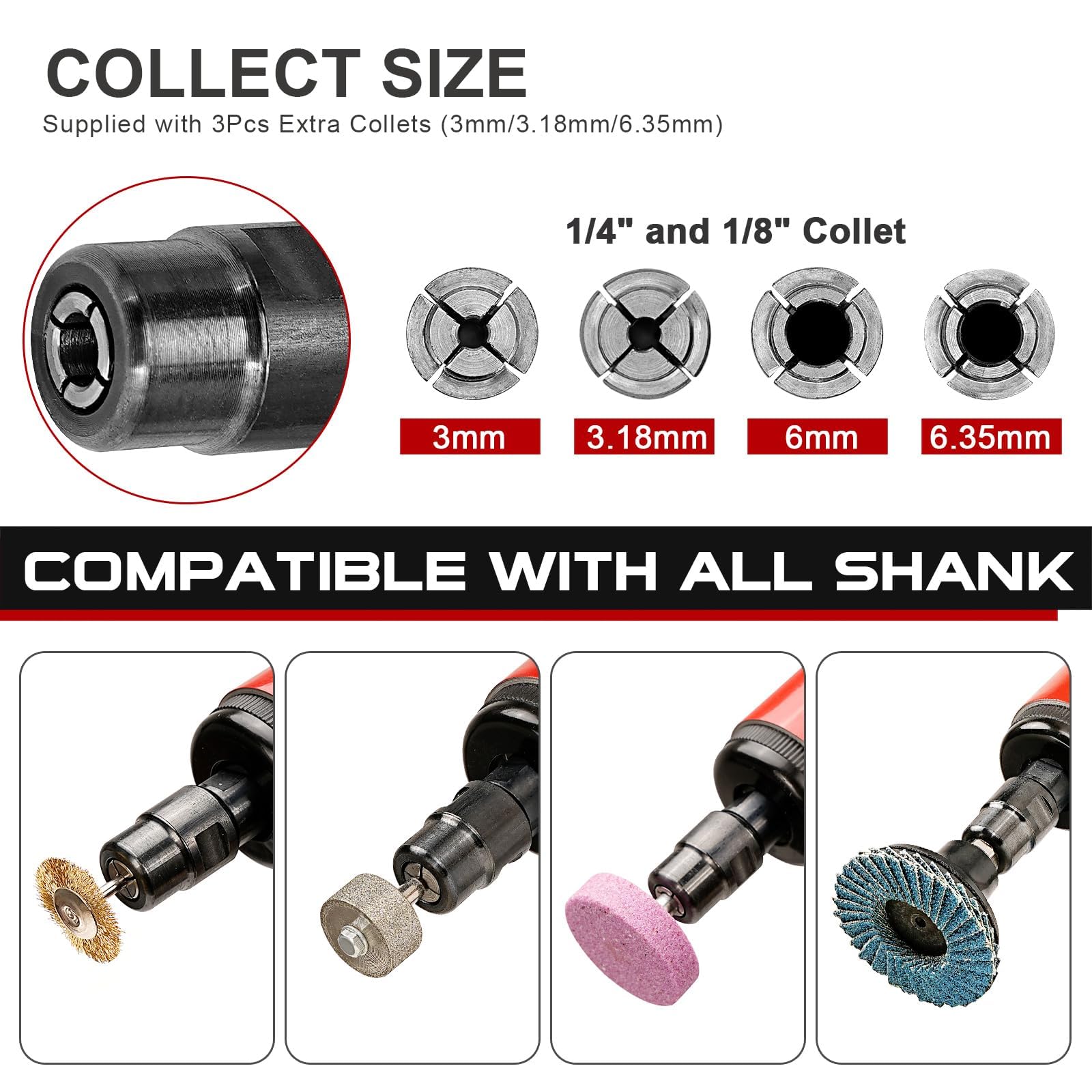 Angle Grinder, Sander, Mini Sander - Mini Pneumatic Grinder with 6 mm and 3 mm Plier Chuck and Set of 20 2 Inch Quick Change Discs - Image 3