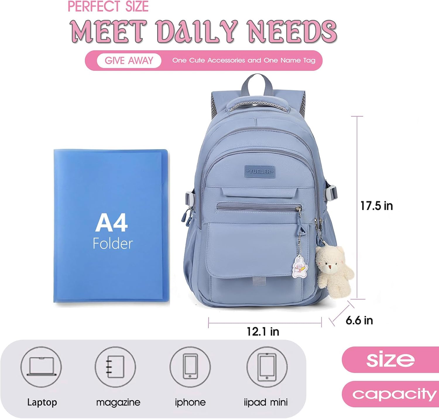 PRLINJSK Girls Backpack for College High Middle School Student, Cute Aesthetic Bookbag for Teens Women with Accessories,Blue thumbnail