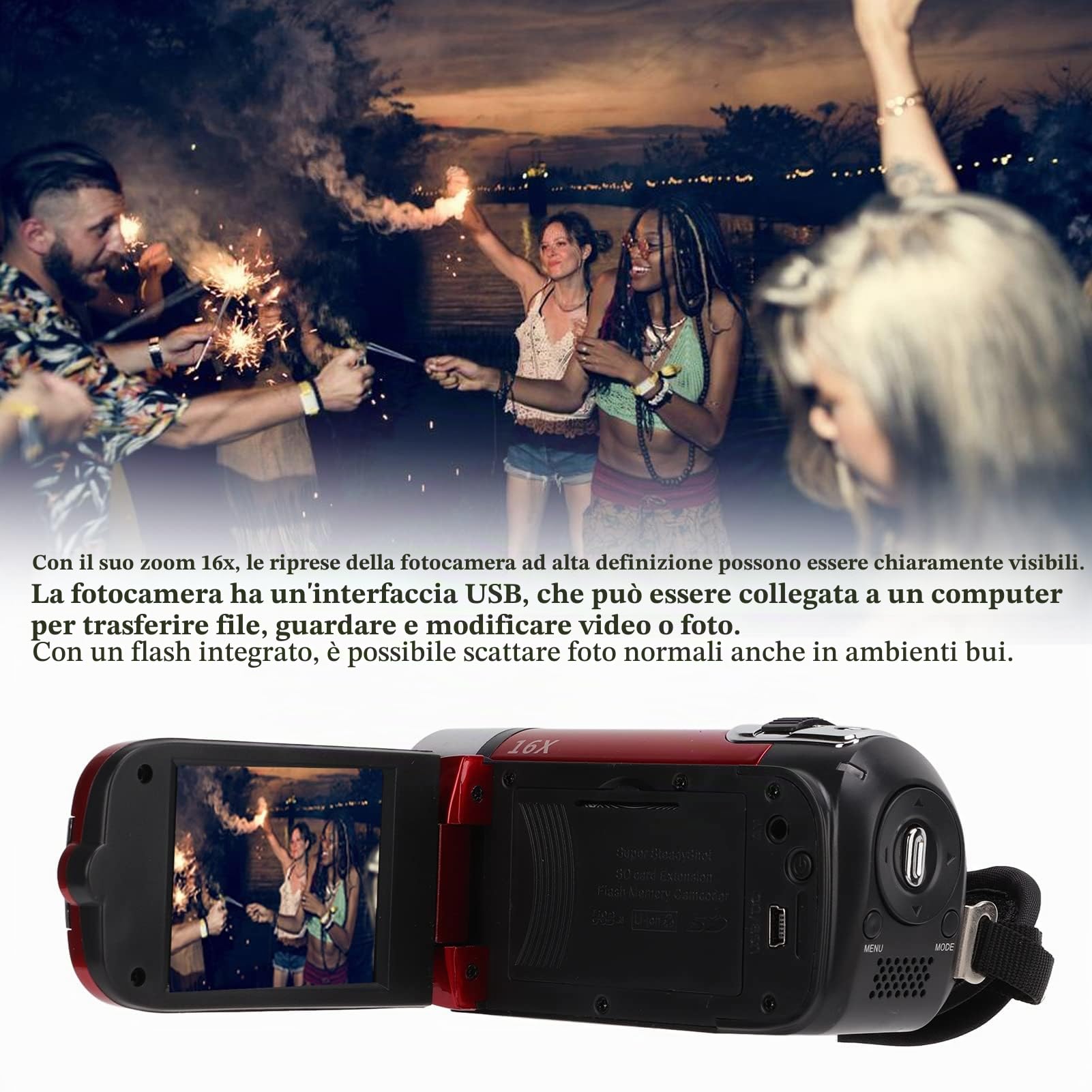 Greensen Videocamera Full HD 1080P 48MP 4K 2,7 Videocamera con schermo rotante a 270 gradi con interfaccia USB per registrare video (rosso)