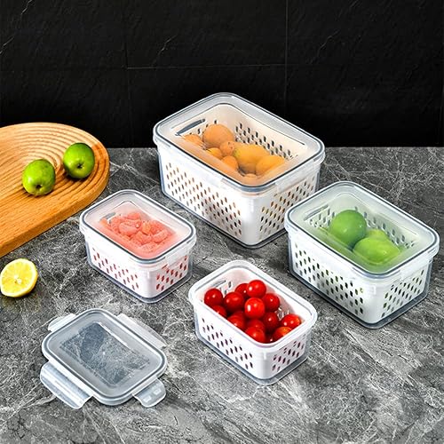 Miniatura 3 de ikasus Caja de almacenamiento para refrigerador con tapa y cesta de drenaje, contenedores de almacenamiento de frutas y verduras transparentes,