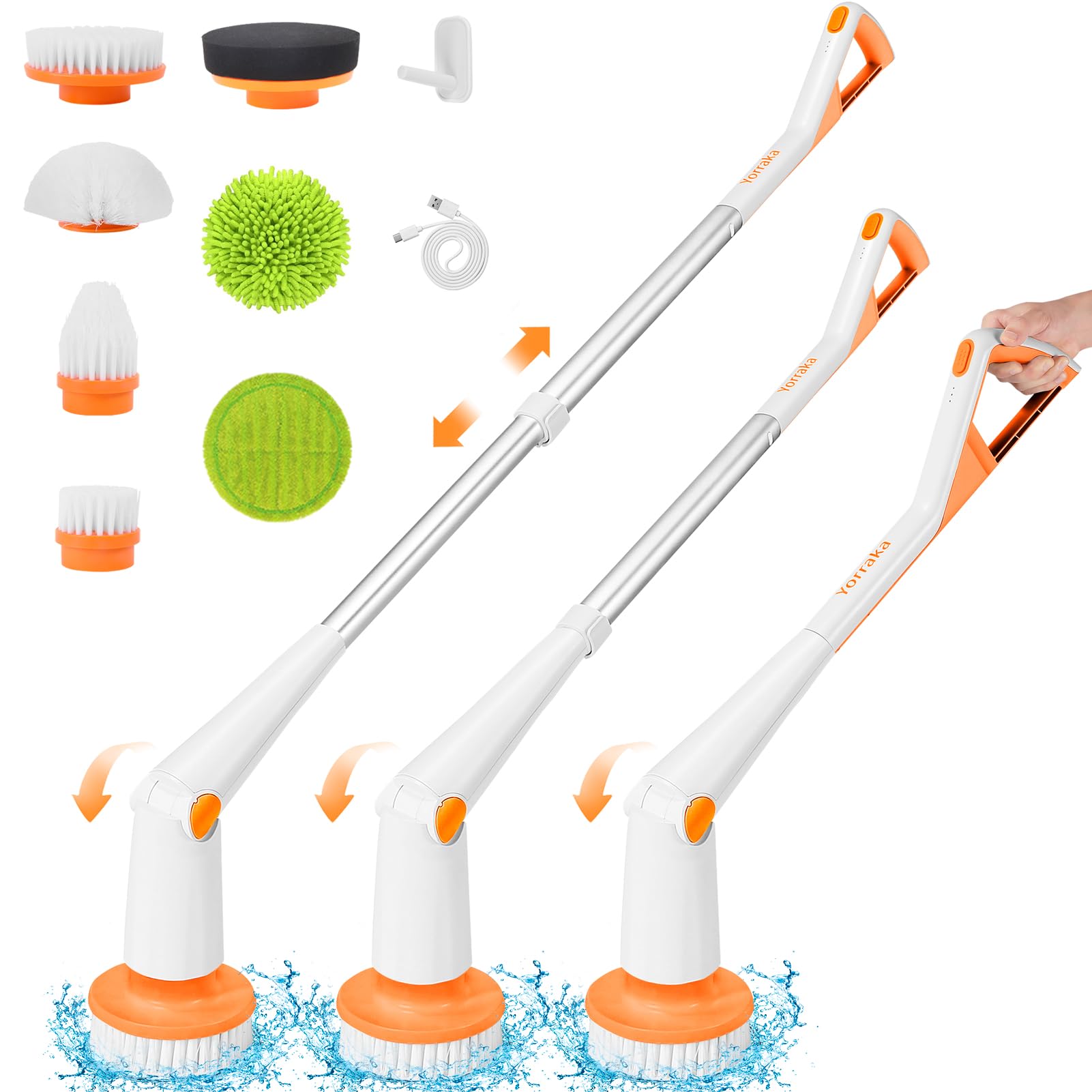 Yorraka Electric Spin Scrubber Cordless, Power Scrubber for Cleaning Bathroom with Extension Long Handle, Electric Shower Scrubber, Adjustable Cleaning Brush with 7 Brush Heads for Tub Tile Floor Car