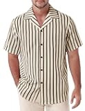 Men's Classic Striped Seersucker Cuban Collar Shirt Short Sleeve Button Down Texture Shirts for Beach Vacation