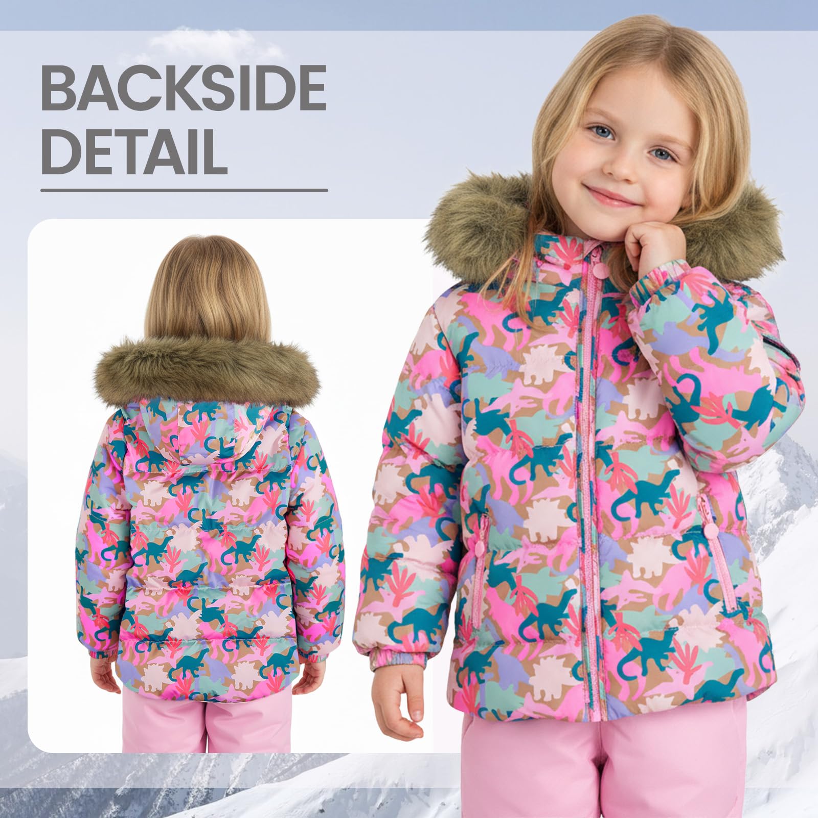 JiAmy Tuta da neve per bambini, 2 pezzi, invernale, con cappuccio, piumino e pantaloni da neve, tuta da sci per ragazzo, ultraleggero, Dinosauro rosa, 100/2-3 Years