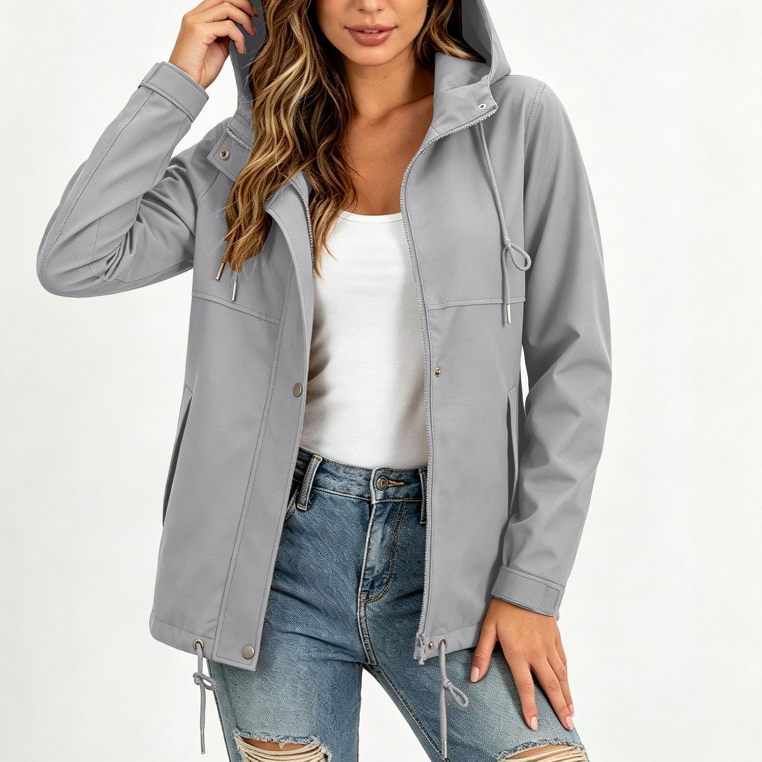 Women Hooded Windbreaker Jacket Drawstring Hem Zip Snap Casual Raincoat Fall Winter Warm Outdoor Waterproof Jacket
