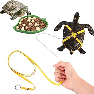 2 Pieces Turtle Leash with Reptile Water Bowl Leash Leather Harness Strap for Tortoise Turtle Tank Accessories Turtle Leash and Harness Leaf Reptile Food and Water Bowl for Turtle Pet Walking
