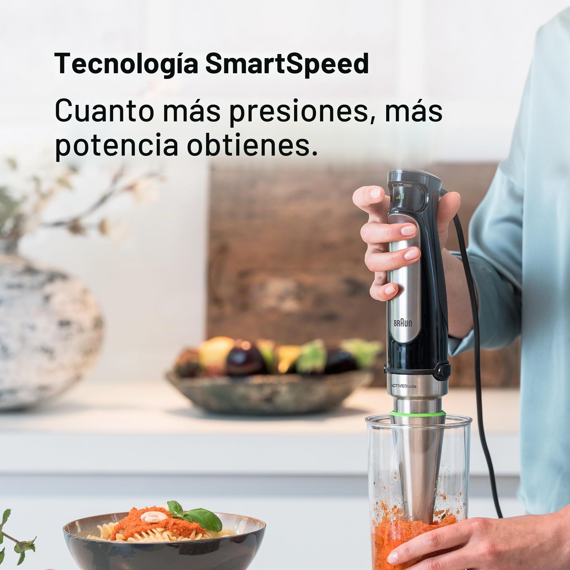 Braun Minipimer 7 MQ7075X - Batidora de Mano de 1000W, 3 Accesorios (Varillas, Procesador de Alimentos con 3 Funciones, Vaso de 600ml), Antisalpicaduras, Velocidad Automática, Tecnología Active Blade