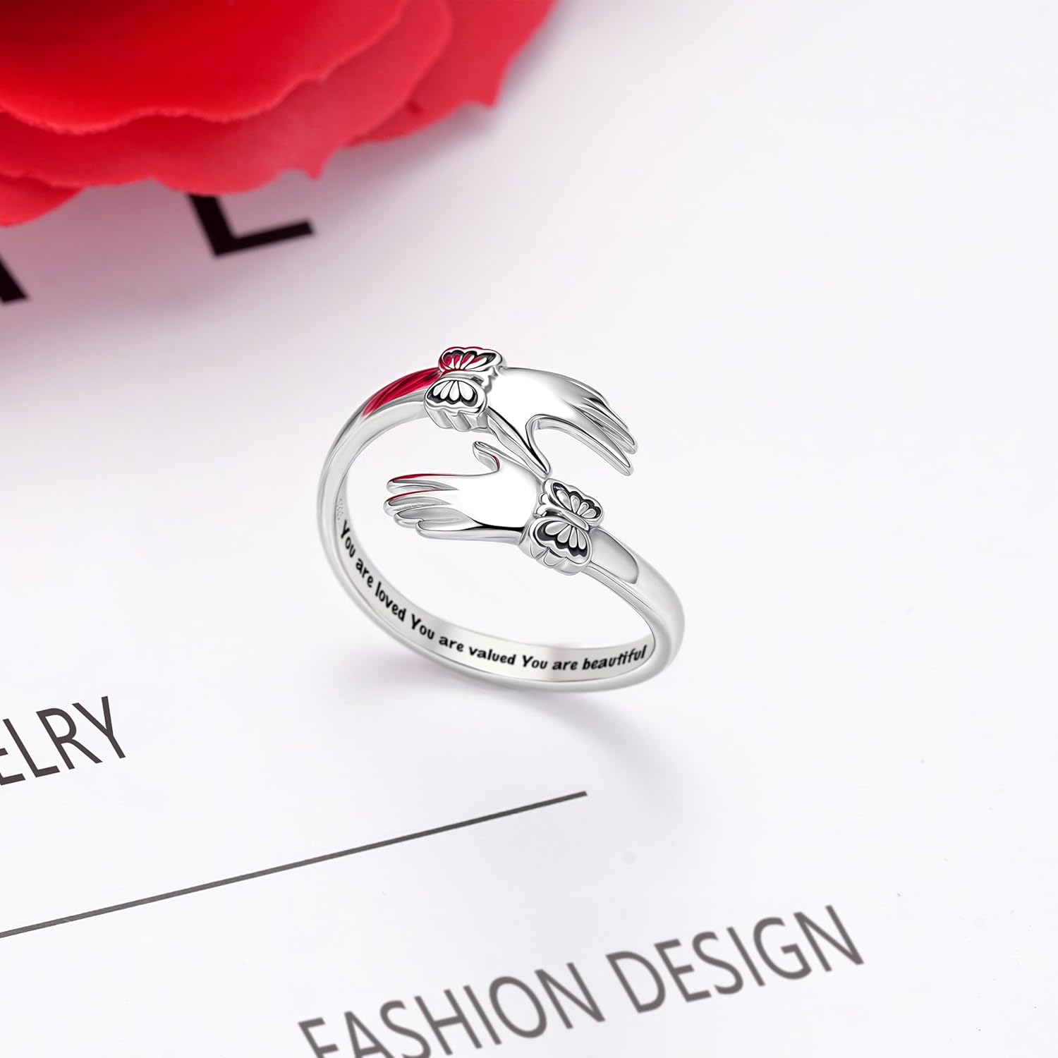 925 Sterling Silver Hug Rings for Women: Adjustable Hugging Hands Ring - Christmas Valentine's Day Jewelry Birthday Gifts for Granddaughter Daughter Mom Sister Friends