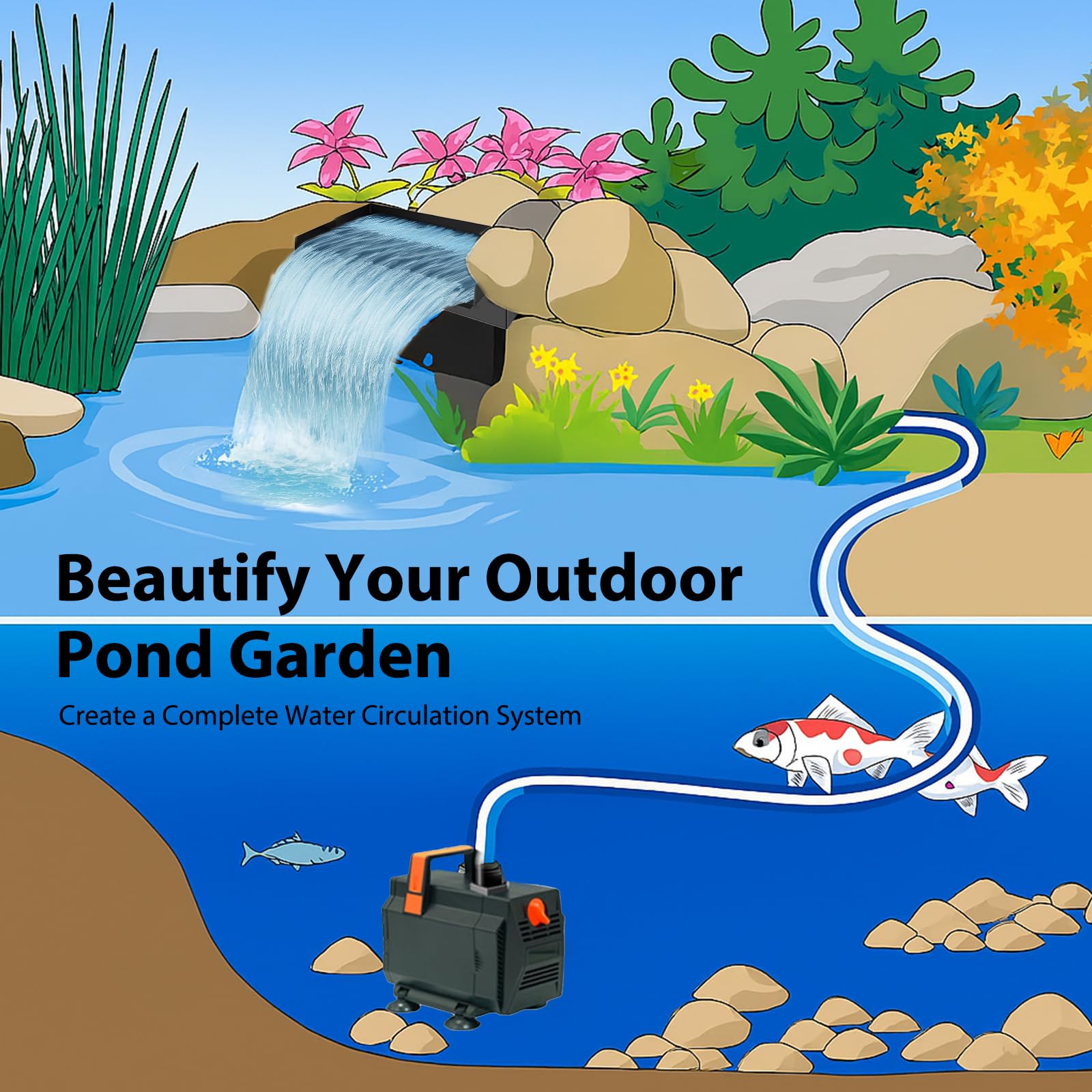 Cascada Estanque Jardin, 30CM Cascada de Estanque de Acero Inoxidable 304, Bomba Estanque con Bomba de 35W con Tubo Corrugado de 3M para Estanques, para Juego de Agua, Patio, Terraza, Pared De