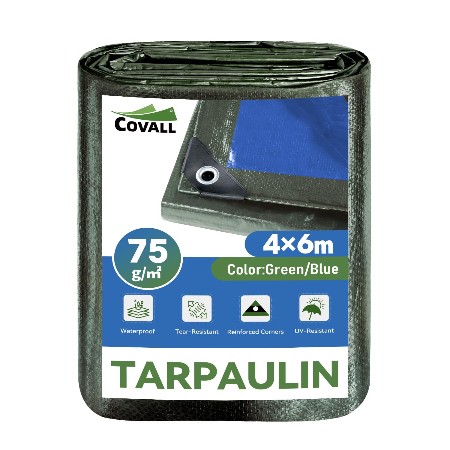 COVALL 4mx 6m blue Tarpaulin 75GSM Reversible tarps Waterproof Cover-UV & Tear resistant Ground Sheet with Rustproof Eyelets,Multipurpose green Tarp for Camping,Car,Garden,Wood,Roof Protection — image 1