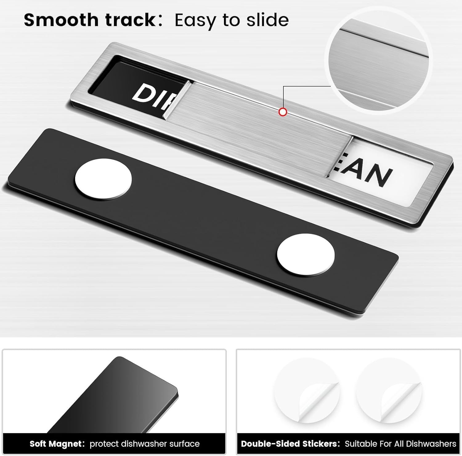Dishwasher Magnet Clean Dirty Sign Stainless Steel Non-Scratch Strong Magnet Extra Adhesive Options Easy to Slide and Read Tells You Whether Dishes are Clean or Dirty (Black/White Style)