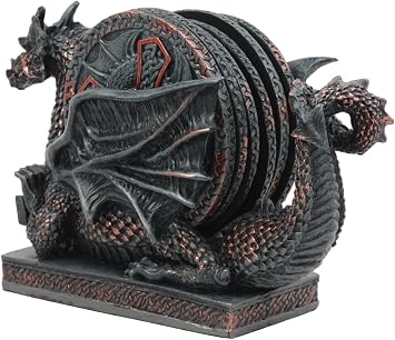 Ebros The Voyage of The Rune Celtic Dragon Coaster Set Figurine Holder and Five Round Dragon Crucifix Detailed Coasters