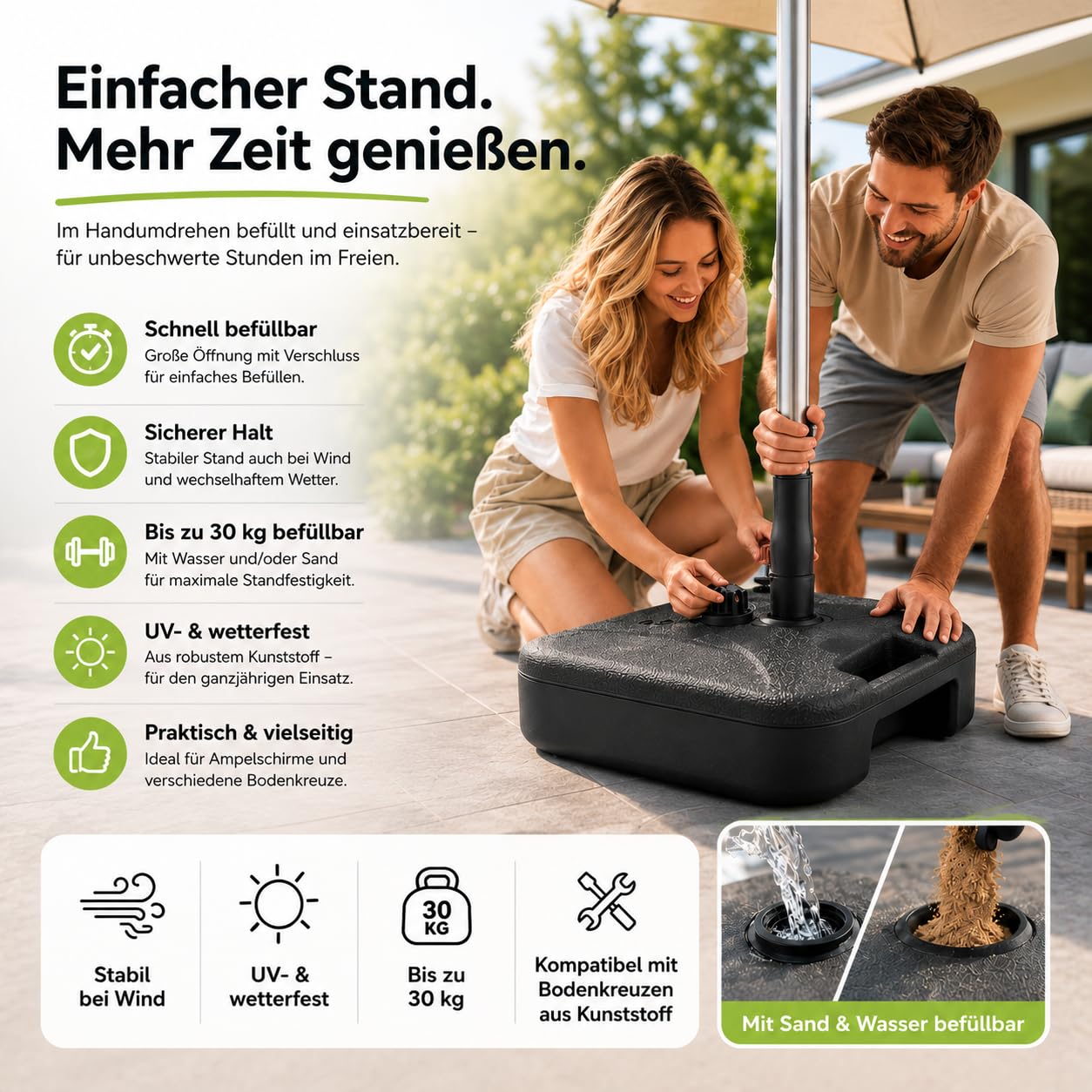 Sonnenschirmständer für Ampelschirme – Schirmgewichte zum Befüllen für Bodenkreuze aus Kunststoff – Schirmständer Sonnenschirm Ampelschirmständer (Einteilig bis 30 kg, Kunststoff)