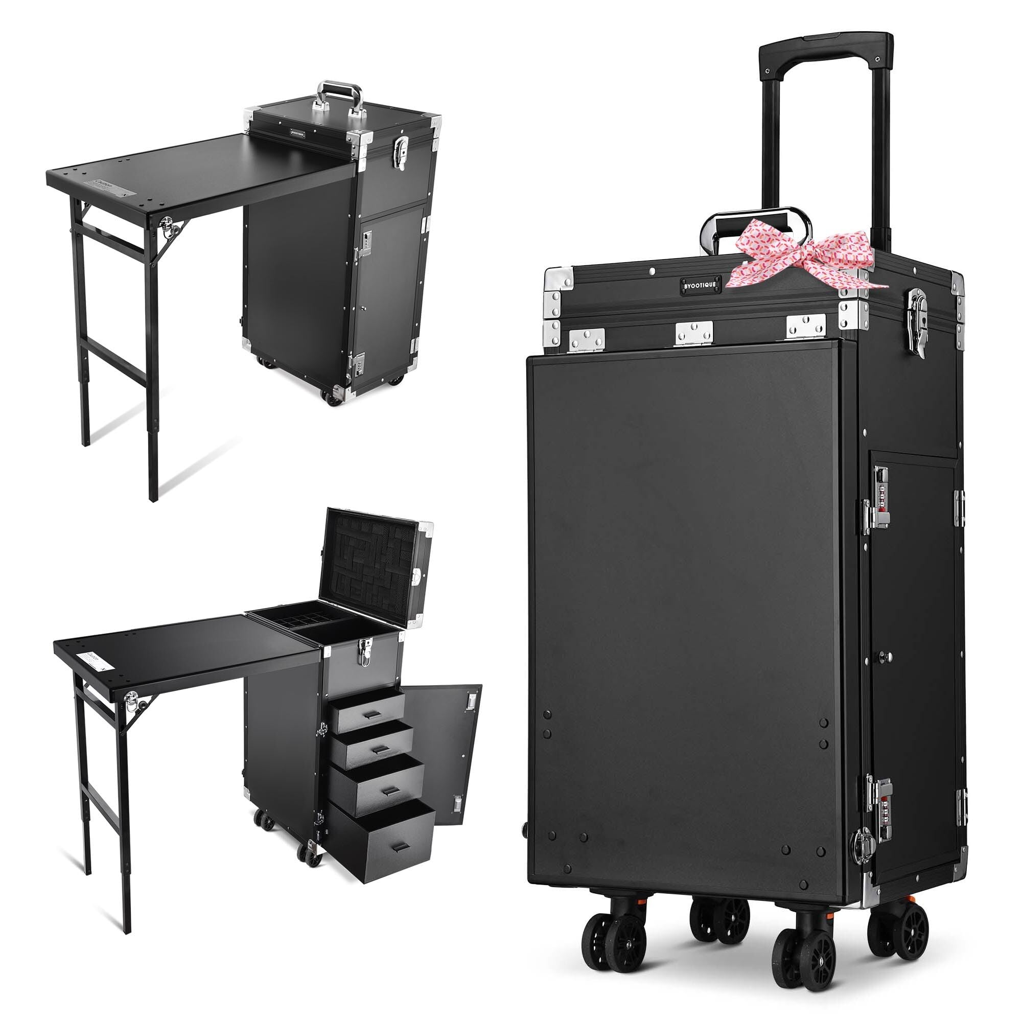 BYOOTIQUE Portable Manicure Table Nail Station Rolling Makeup Case with 4 Drawers Nail Table Storage for Makeup Artist Nail Tech Manicurist, Black, 33