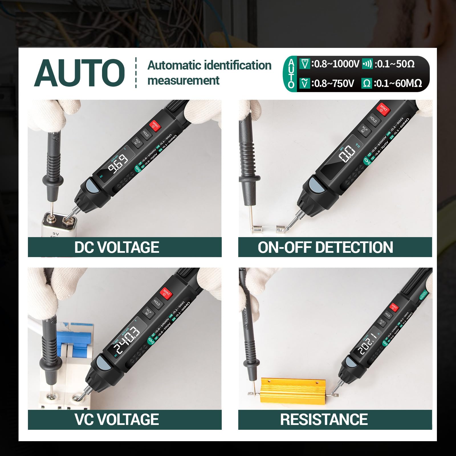Digitales Multimeter, Sunydog A3008 Multimeter mit Stift, digitales Multimeter, 6000 Counts mit LCD-Display, Hintergrundbeleuchtung, NCV-Taschenlampe, automatische Abschaltung, Mehrfachzubehör für