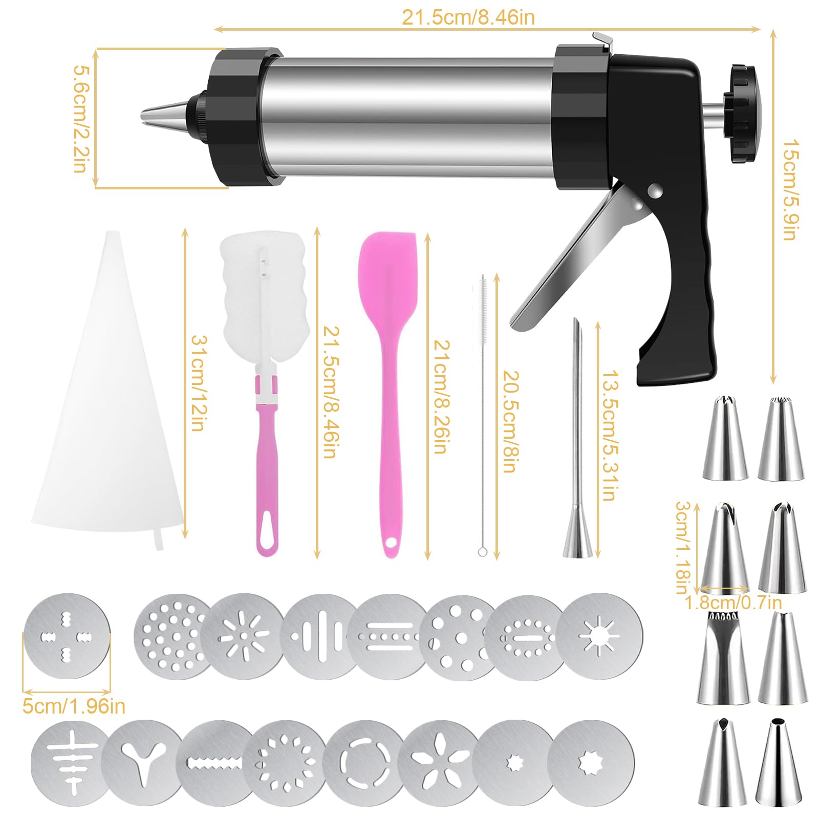 Machine a Churros,Presse a Biscuits, Appareil a Churros,Presse à Churro Pistolet à Pâtisserie avec 16 Gabarits,8 Douilles et Poche, Seringue Patisserie pour Gâteaux Gâteaux Dessert