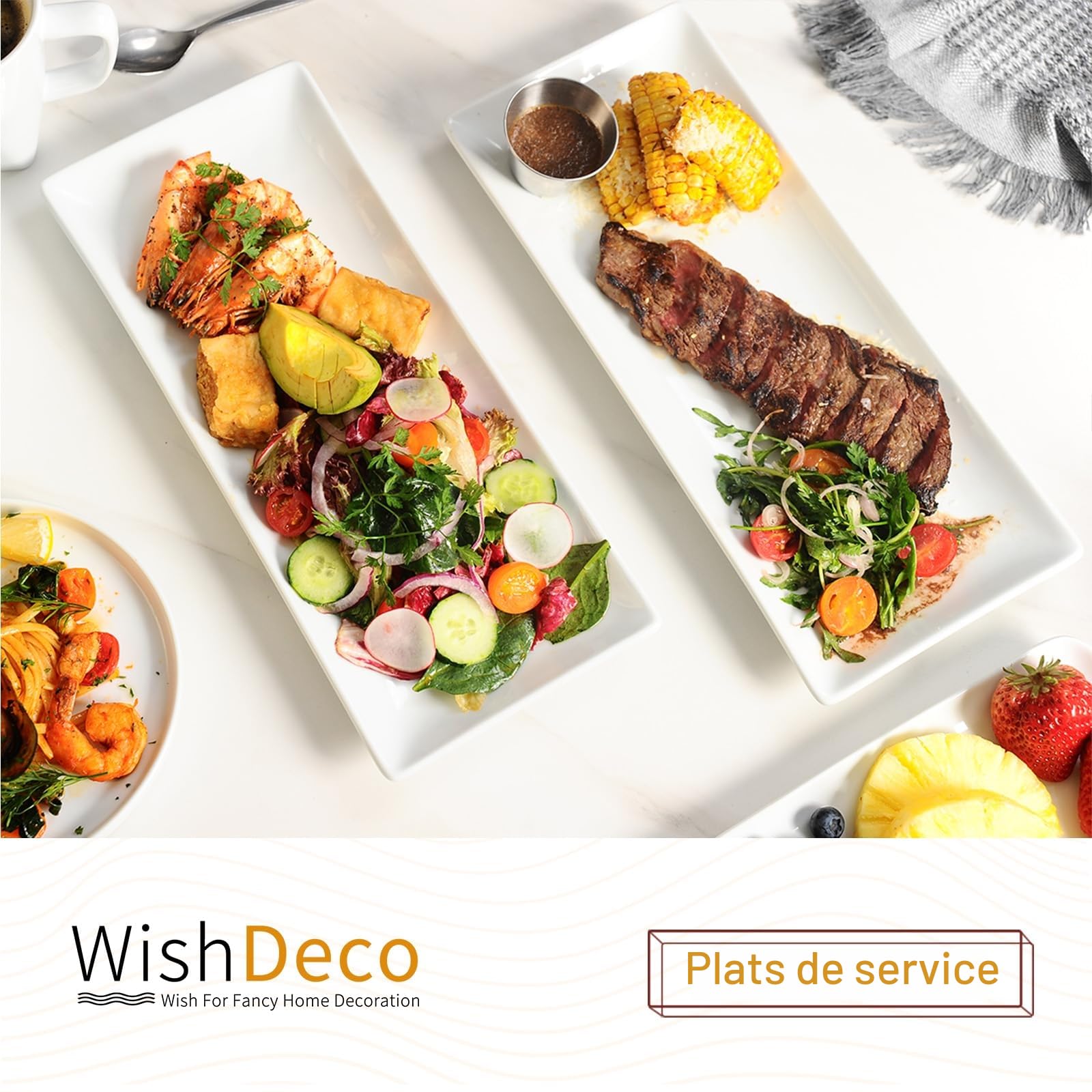 WishDeco Lot de 3 Plateaux de Service, Assiettes Rectangulaires Blanches 35x15 cm, Grandes Assiettes à Dîner en Porcelaine, Plateaux de fête pour Dessert, Buffet, Entrée, Steak