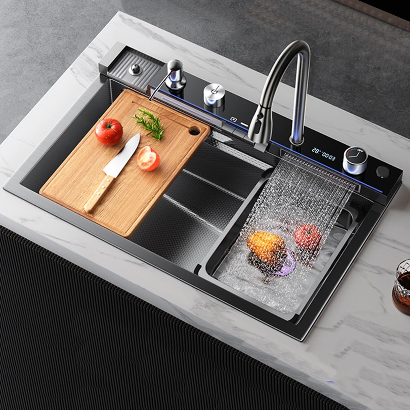 ZQFHSX Two Waterfall Kitchen Sink Stainless Steel Home Gun Grey Nano Workstation With Pull-Out Faucet(75 * 46cm)