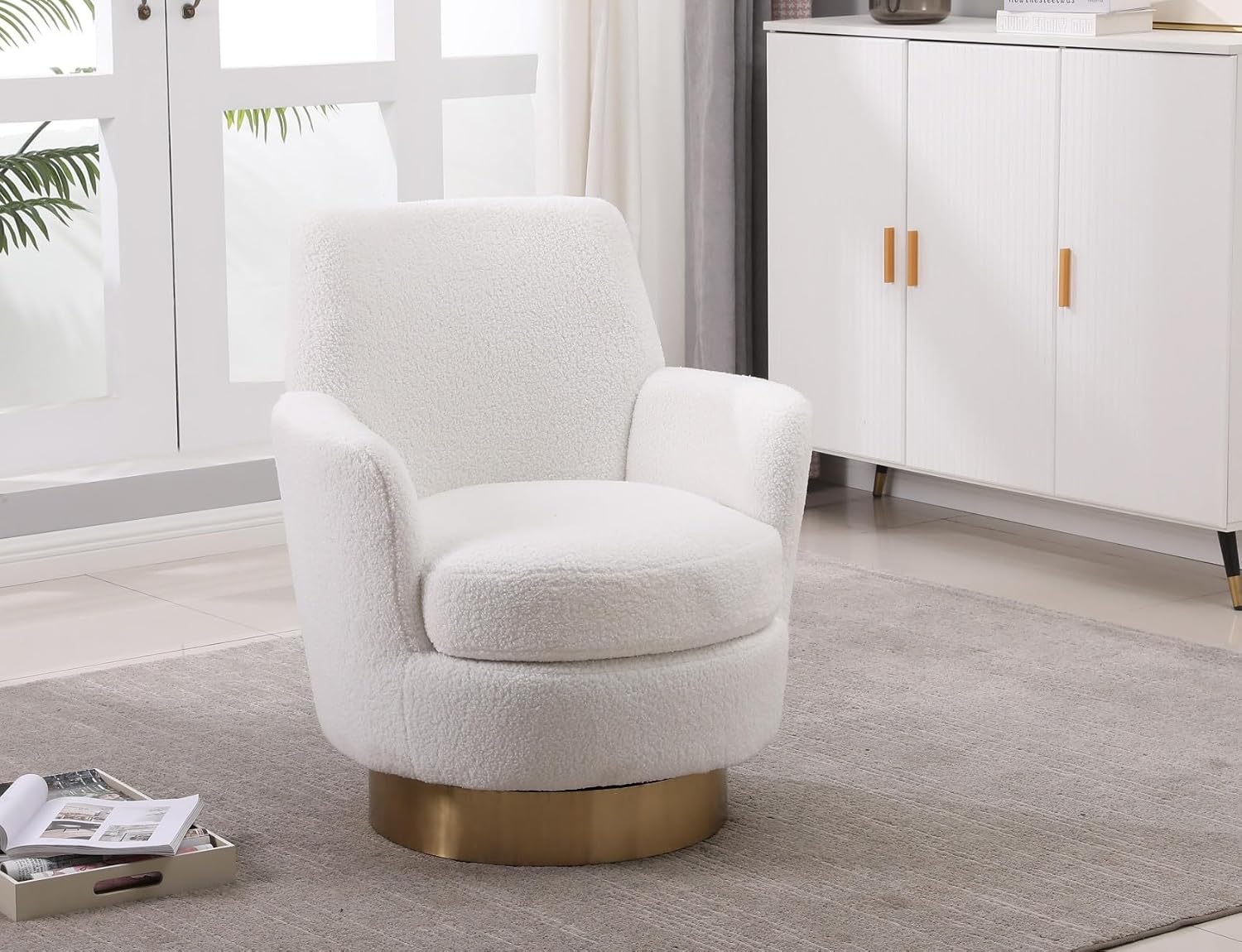 KEIKI Teddy 360° Swivel Barrel Chair with Gold Stainless Steel Base, Accent Round Single-seat Upholstered Reading Sofa Armchair for Nursery, Reading, Living Room, Bedroom, Lounge, Hotel, Ivory Teddy