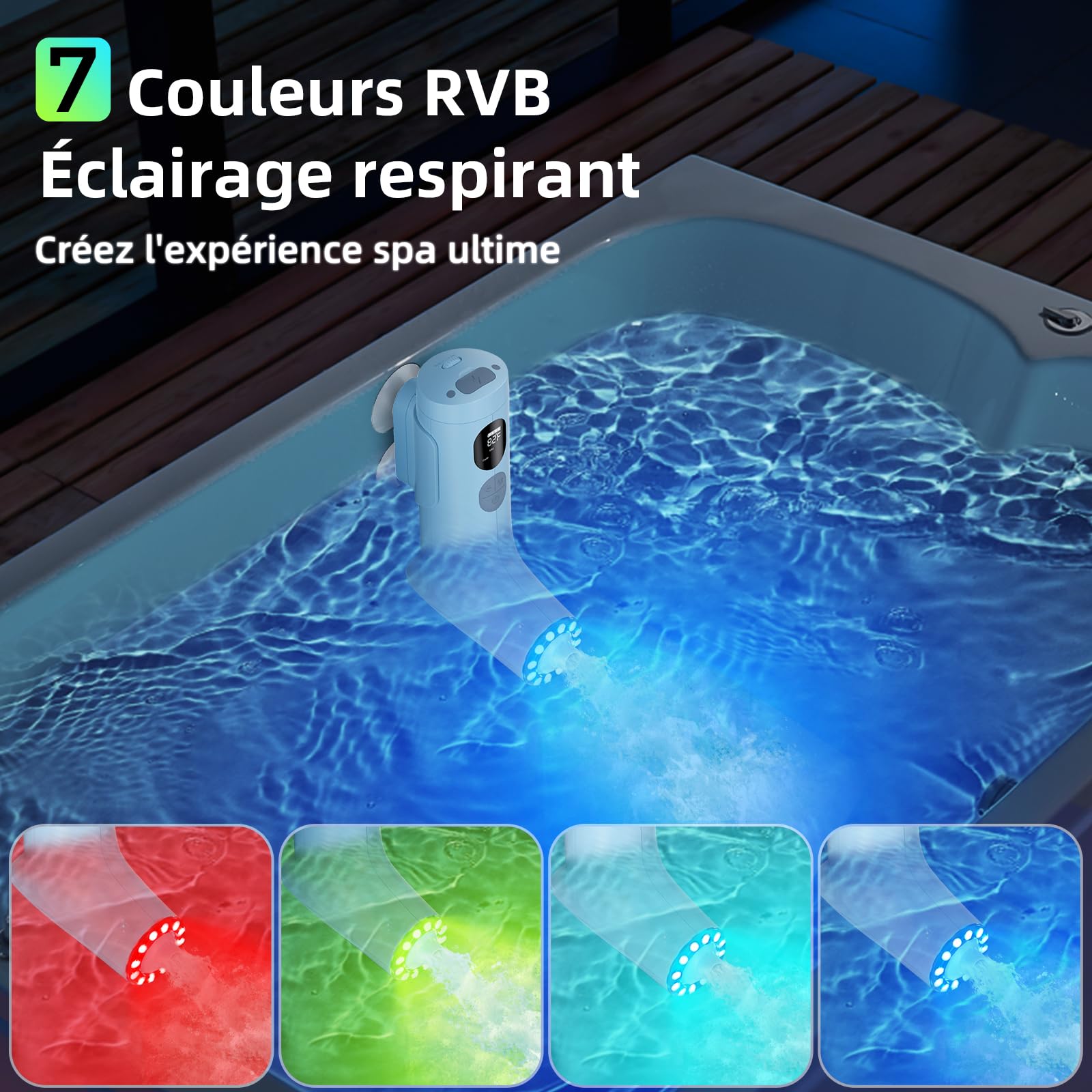 Spa de bain jet avec mode mousse, jet d'eau à 3 niveaux, 7 couleurs RVB, IP67, affichage de la température, plaisir du bain en famille à la maison