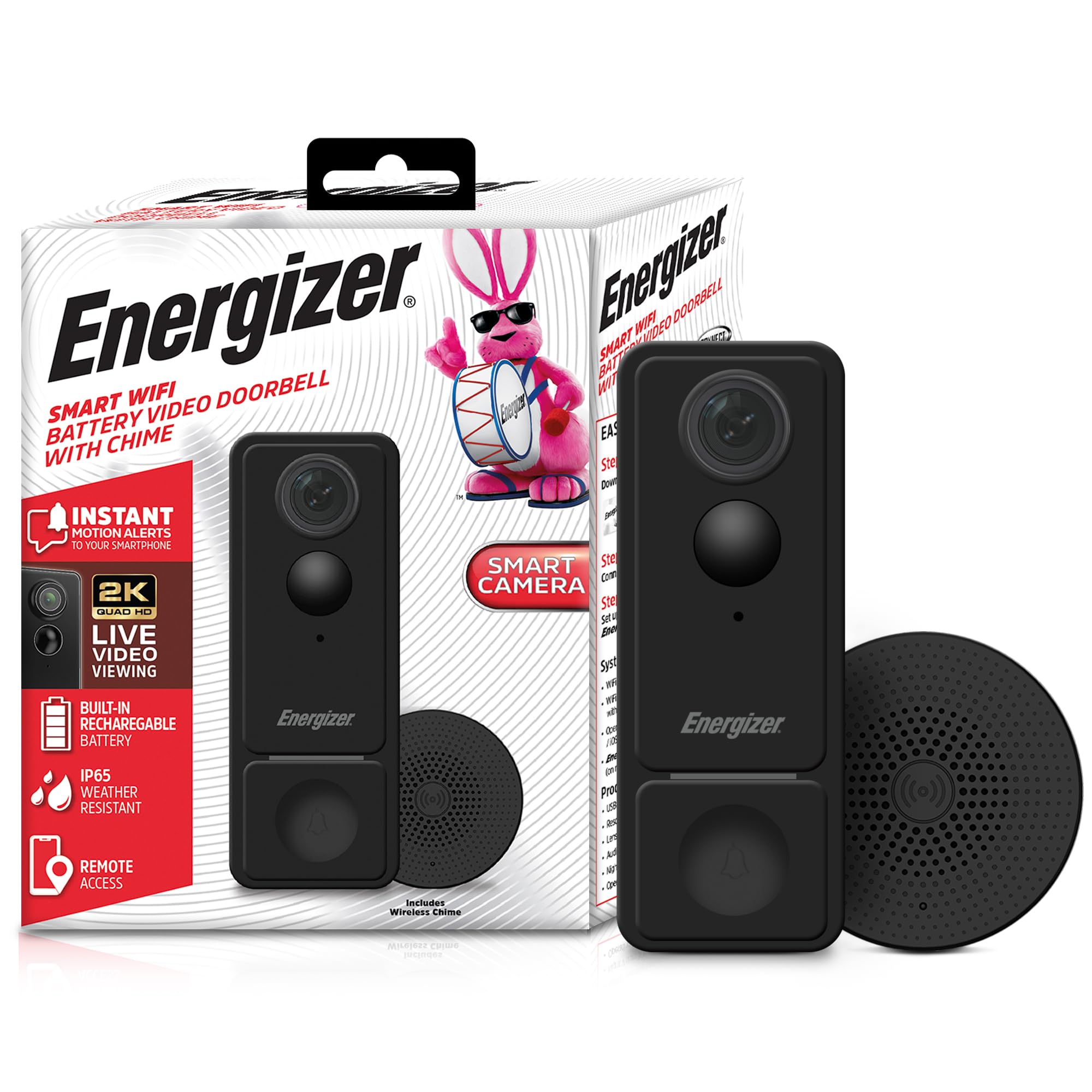 Photo 1 of Energizer Smart 2K Doorbell & Chime, Rechargeable Battery Video Doorbell Security Camera, 2-Way Audio, Night Vision, Cloud & Card Recording, Remote Access App, Motion Sensor & Alerts, Live Viewing