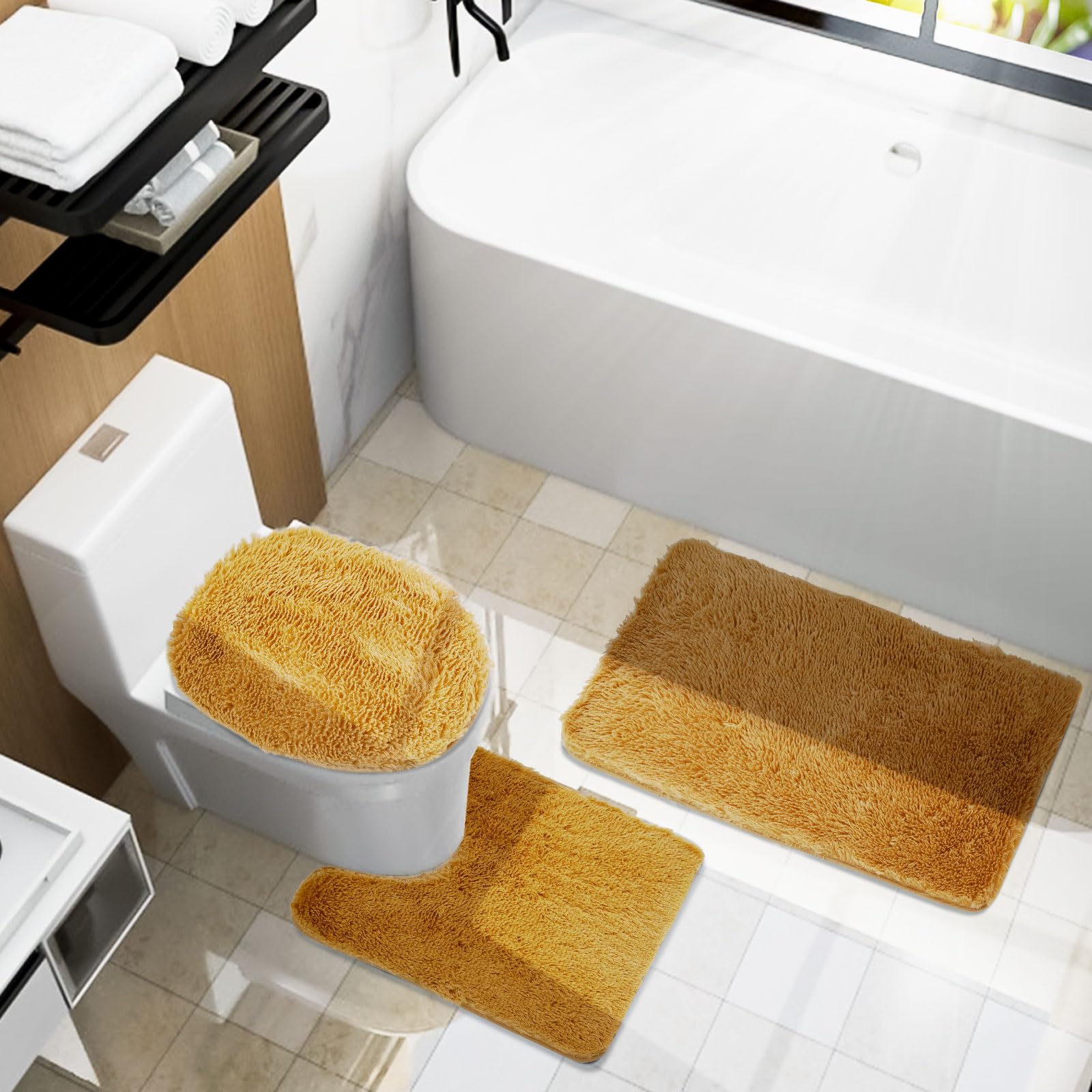 Tan Bathroom Rugs Sets 3 Piece with Toilet Cover and Toilet Rugs U Shaped Enlarge Thicken Bath ...
