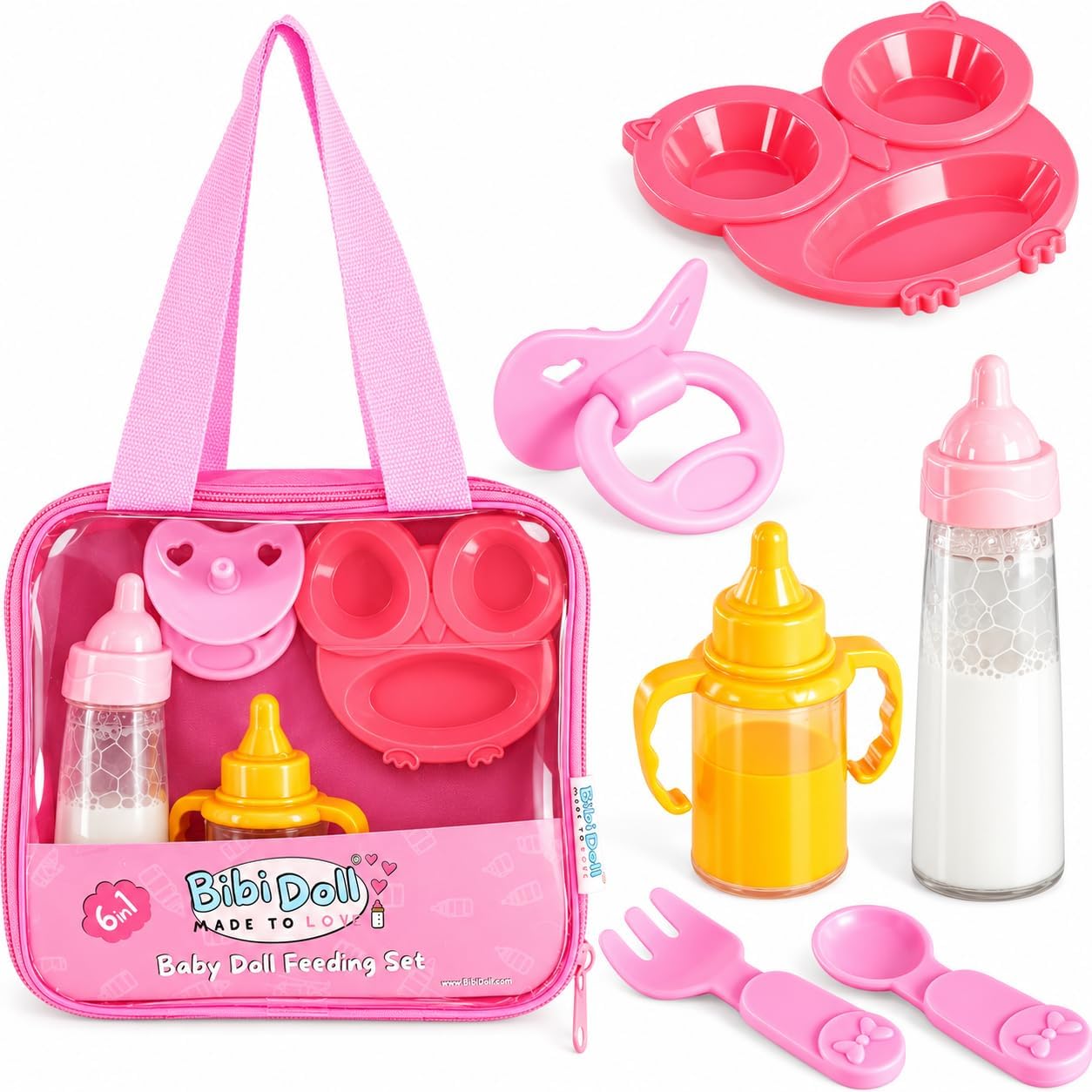 Bibi Doll 6-Piece Baby Doll Feeding Set with Pink Carry Bag - Includes Magic Milk & Juice Bottles with Dummy & Feeding Set - Pretend Toy Playset for Girls & Boys Aged 3+