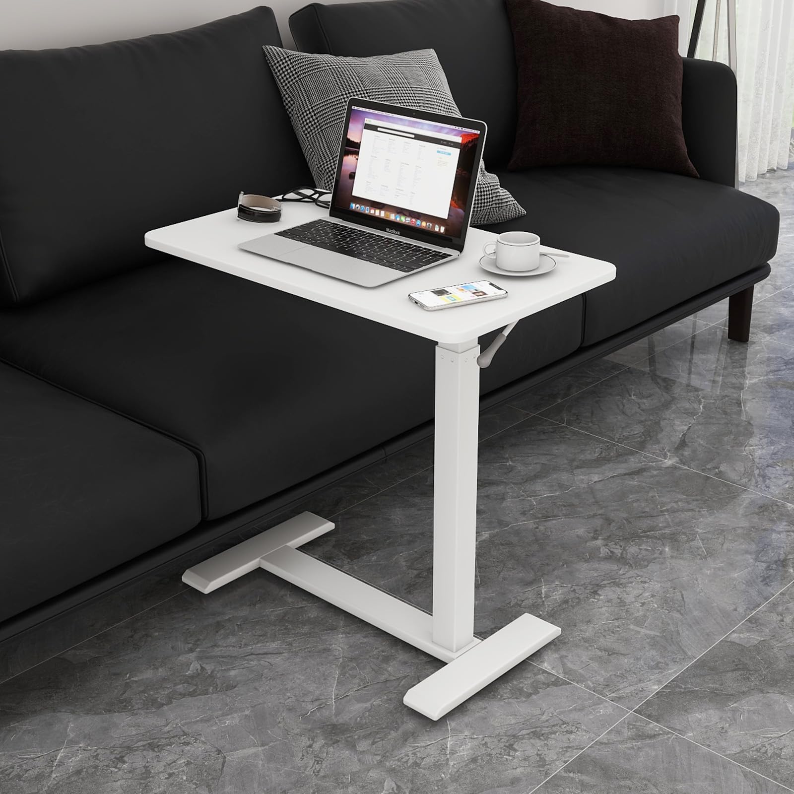 PUNCIA Table de Chevet Médicale Réglable avec roulettes Cachées 68x40 CM | Bureau Debout Mobile Plateau Appoint Portable Table de Lit Amovible Chariot d'Ordinateur Roulant pour Hôpital Maison (Blanc)
