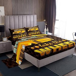Erosebridal School Bus Sheet Set Twin for Boys Teens Grids Camouflage Flat Sheet Kids Girls Youth School Car Fitted Sheet Lattice Camo Design Soft Microfiber Bed Sheet Set with 1 Pillowcase