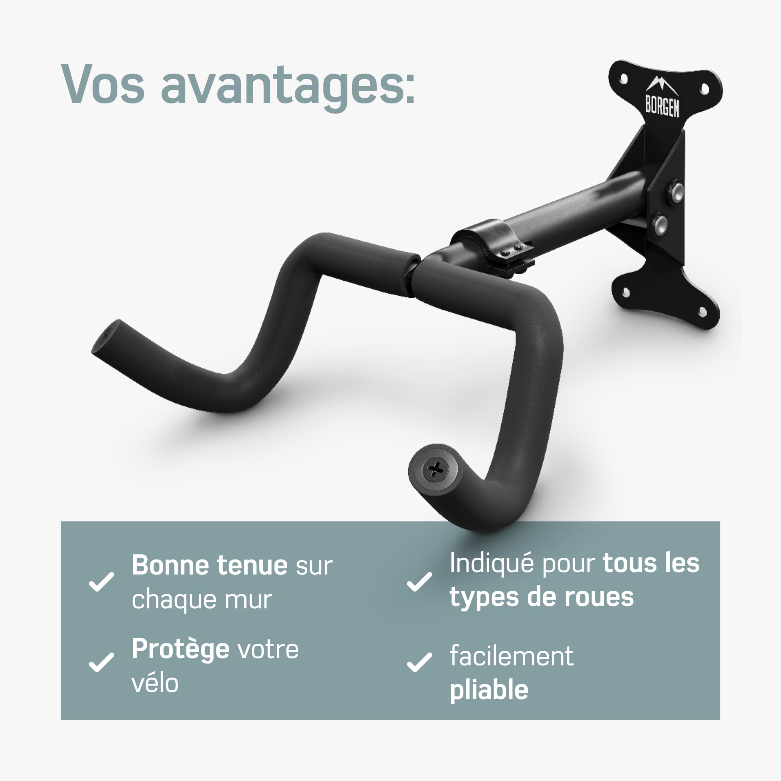 Borgen Support mural pour vélo I Support pour vélo - angle et distance du mur réglables, pliable, VTT, vélo de route - rembourrage extra souple